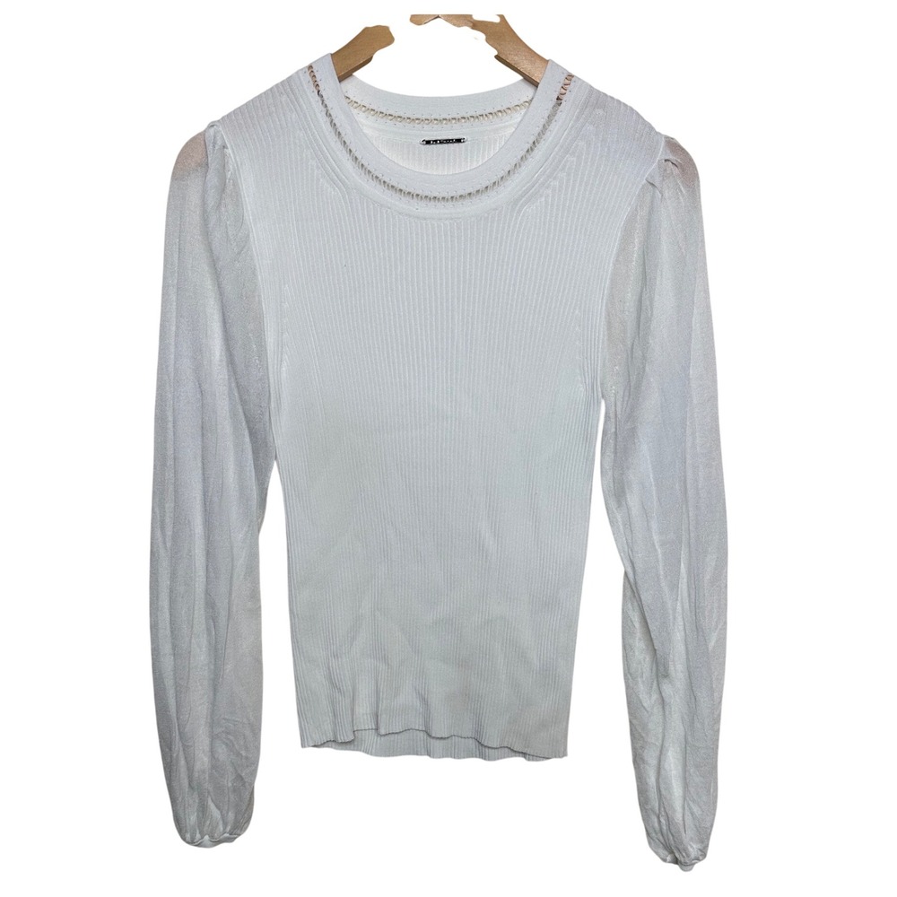 Elie Tahari Ribbed Long Puff Sleeve Blouse size Medium White